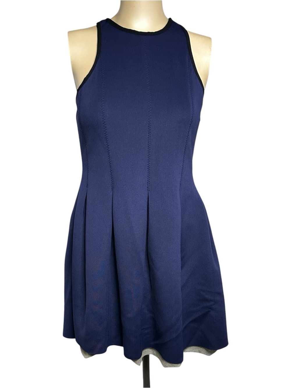 Evenuel Navy Fit & Flare Skater Dress Grey Hem Sleeveless Racerback Medium